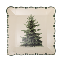 Cream square paper plate with a vintage green Christmas tree and a green scalloped edge.