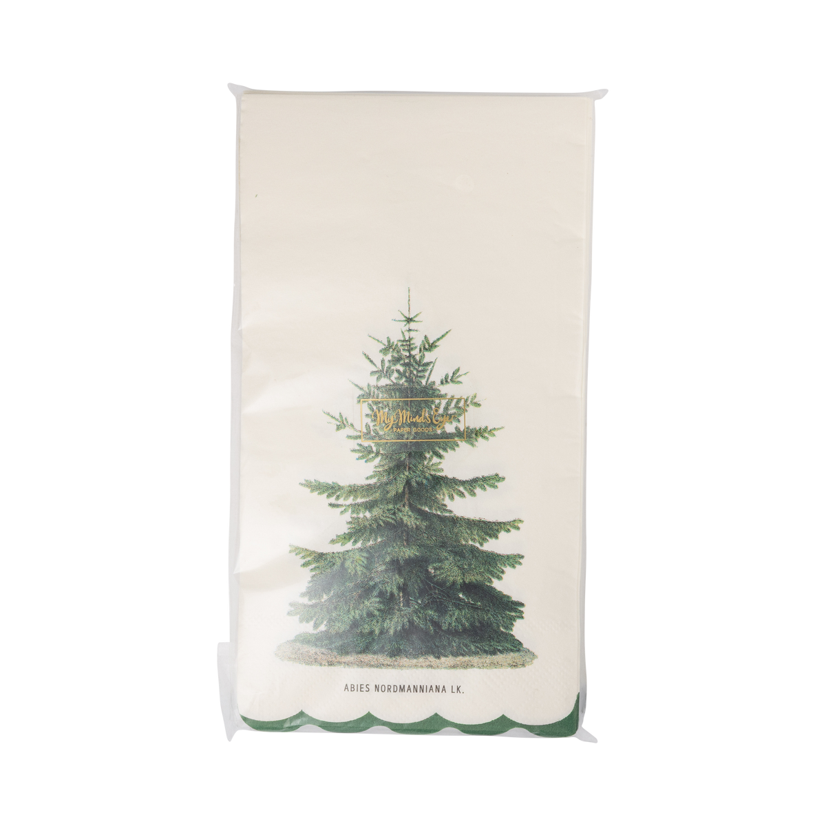 Cream vintage tree napkin shown flat, showing the green evergreen illustration and scalloped edge.