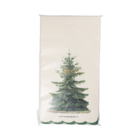 Cream vintage tree napkin shown flat, showing the green evergreen illustration and scalloped edge.