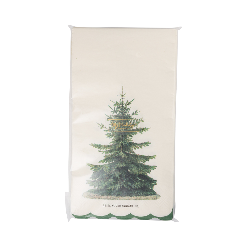 Cream vintage tree napkin shown flat, showing the green evergreen illustration and scalloped edge.