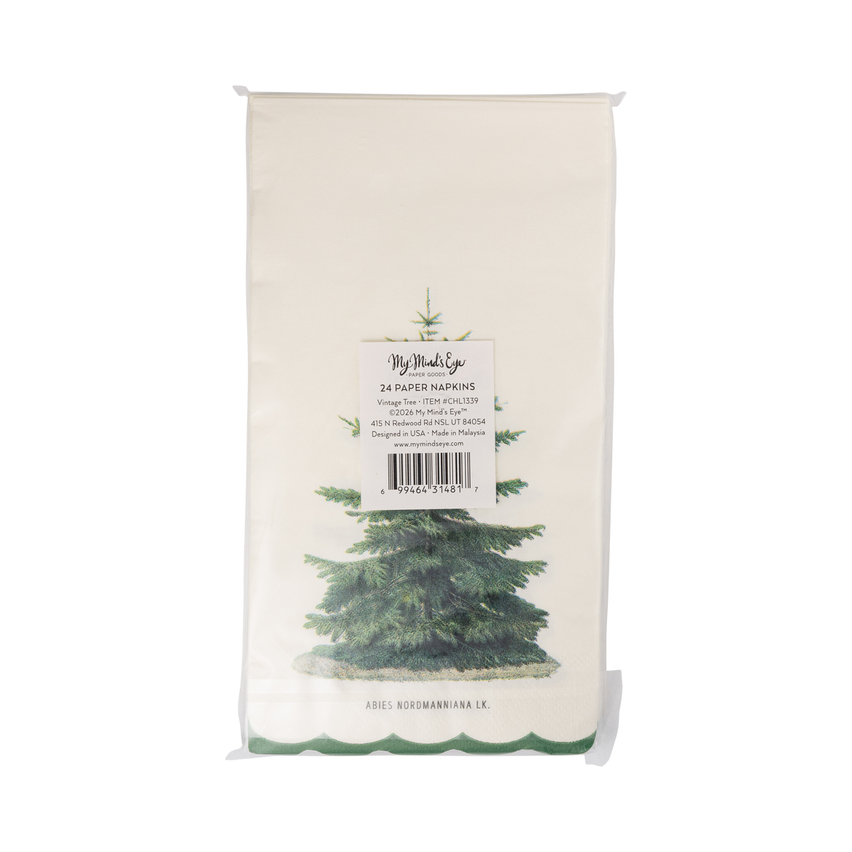 Back of the vintage tree napkins packaging showing the folded napkin and product label.