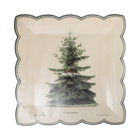 Cream vintage tree plate shown at a slight angle, showing the green evergreen and scalloped edge.