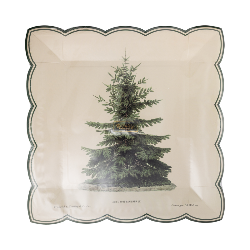 Cream vintage tree plate shown at a slight angle, showing the green evergreen and scalloped edge.