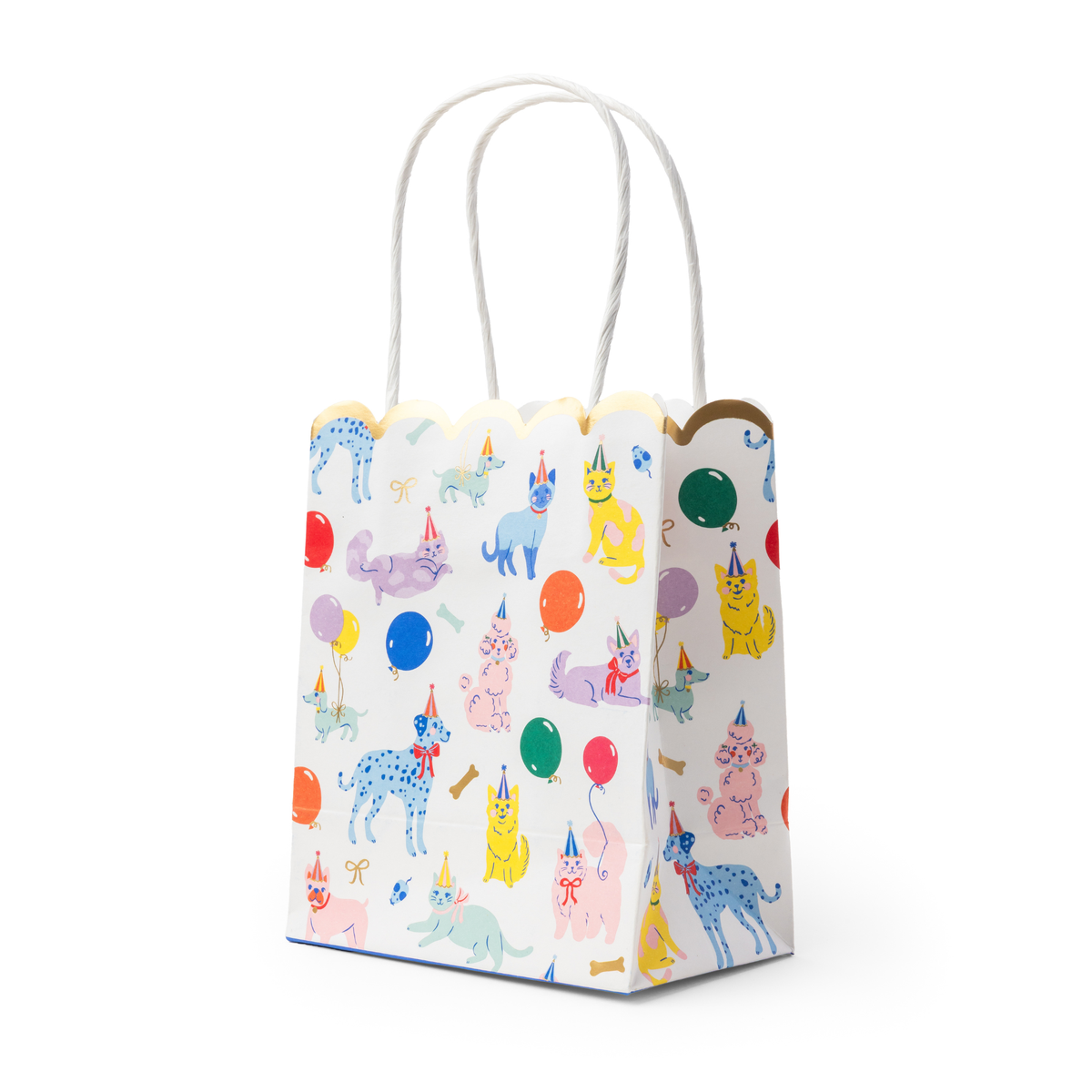 Angled view of the party animals goodie bag showing its side gusset depth and playful watercolor pet illustrations.