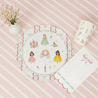 Princess partyware on a pink striped background with matching cup