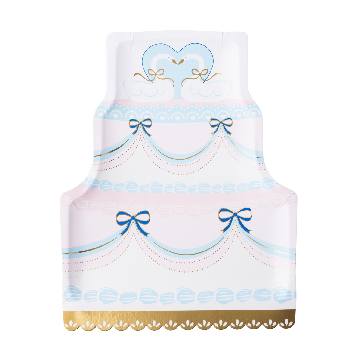 wedding cake shaped paper plate with swan topper design blue bows and gold trim.