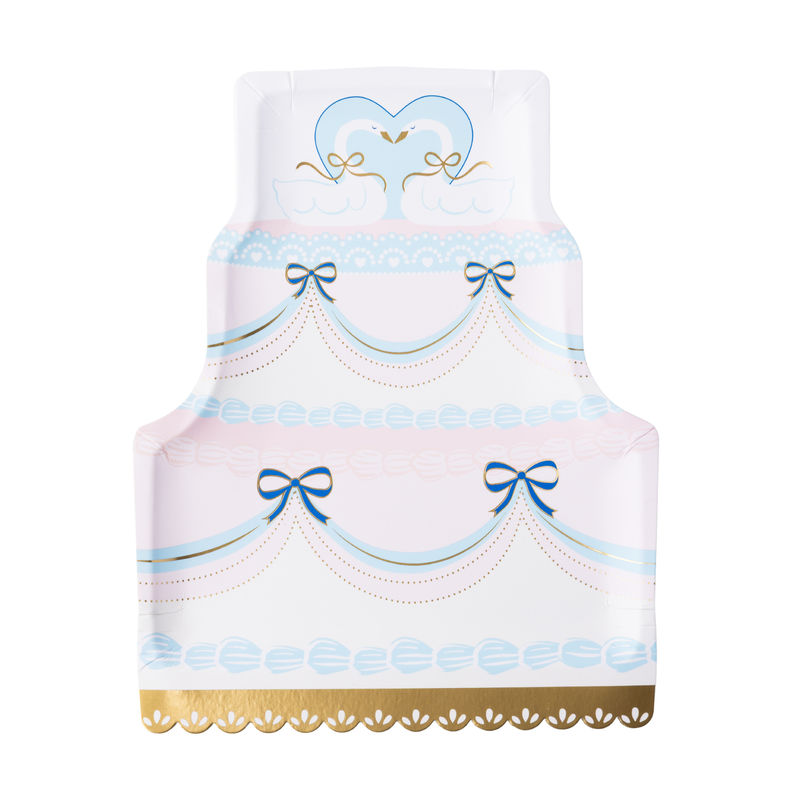 wedding cake shaped paper plate with swan topper design blue bows and gold trim.