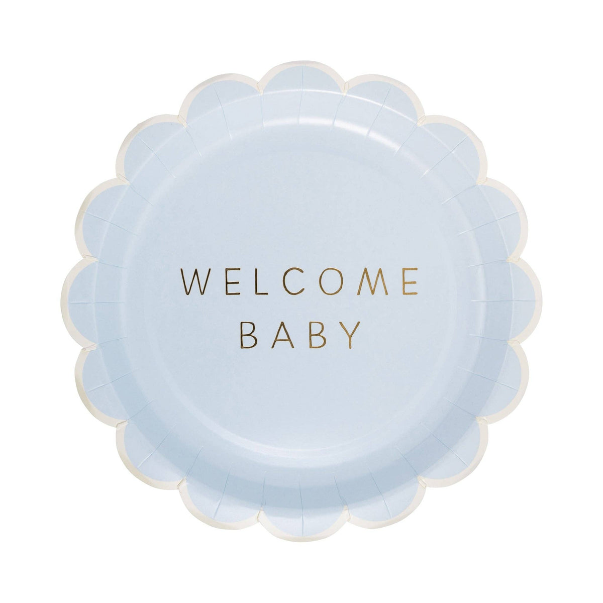Blue scalloped paper plate with gold foil welcome baby text on white background
