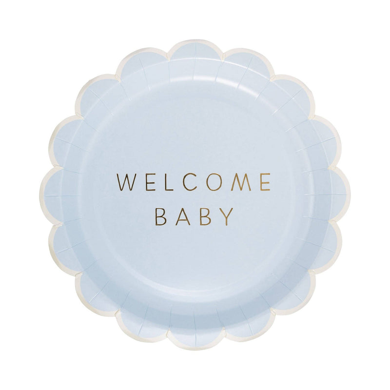 Blue scalloped paper plate with gold foil welcome baby text on white background