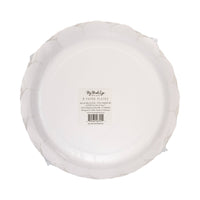 Back of welcome baby blue paper plate showing size and shape