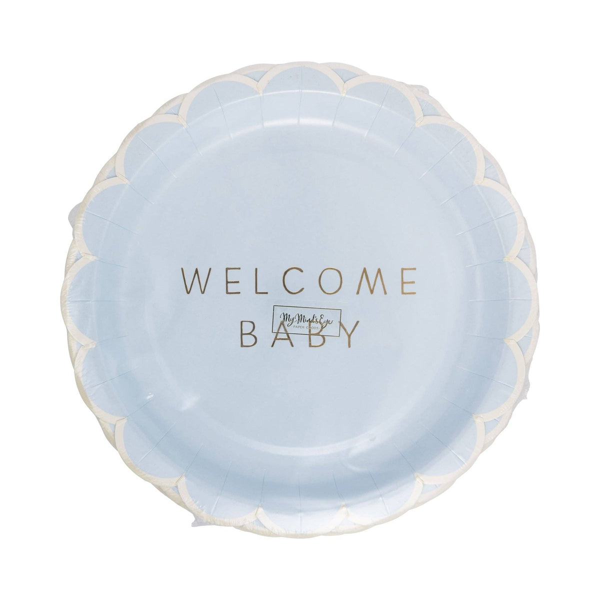 Packaging of blue welcome baby plate with scalloped edge and gold foil lettering