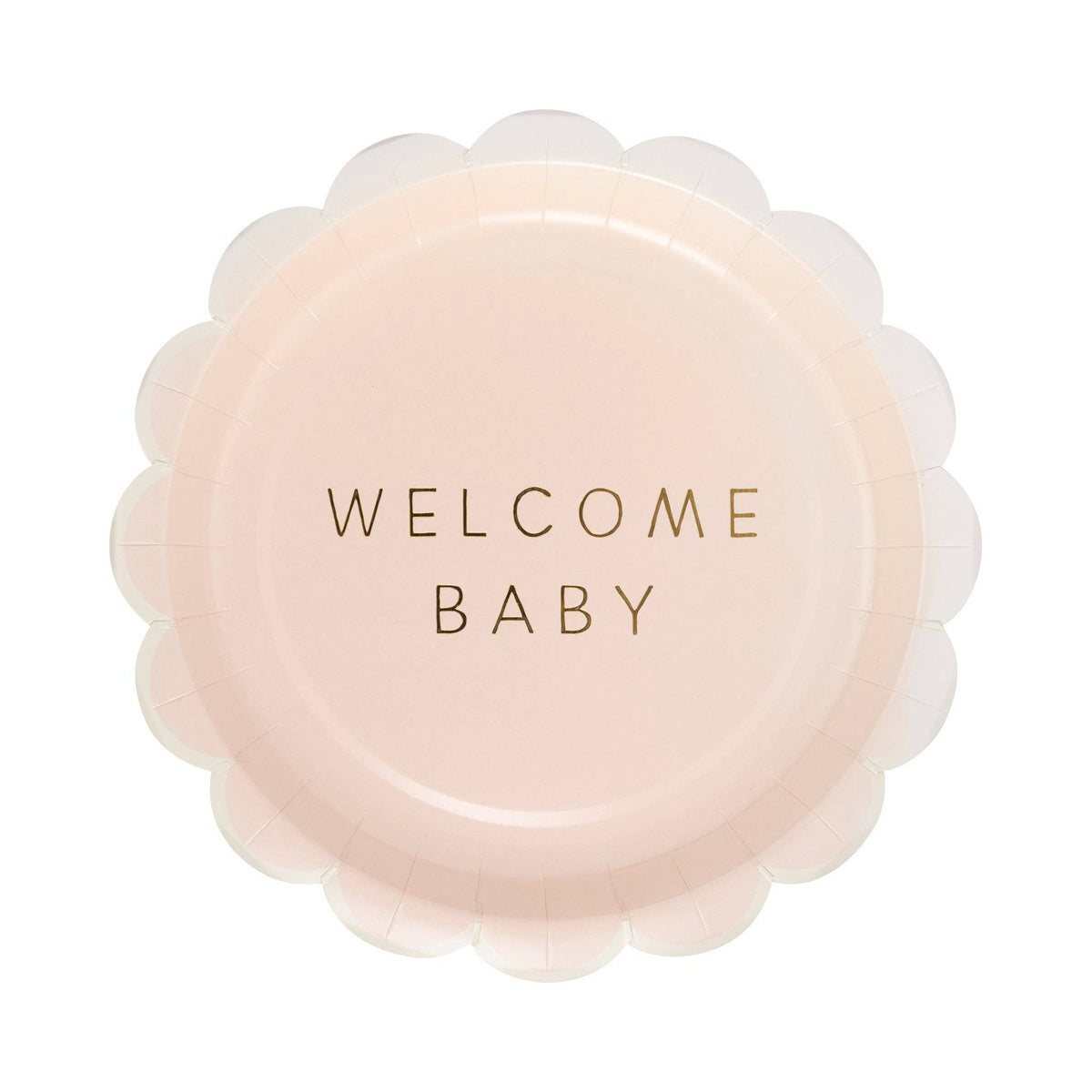 Pink scalloped paper plate with gold foil Welcome Baby text
