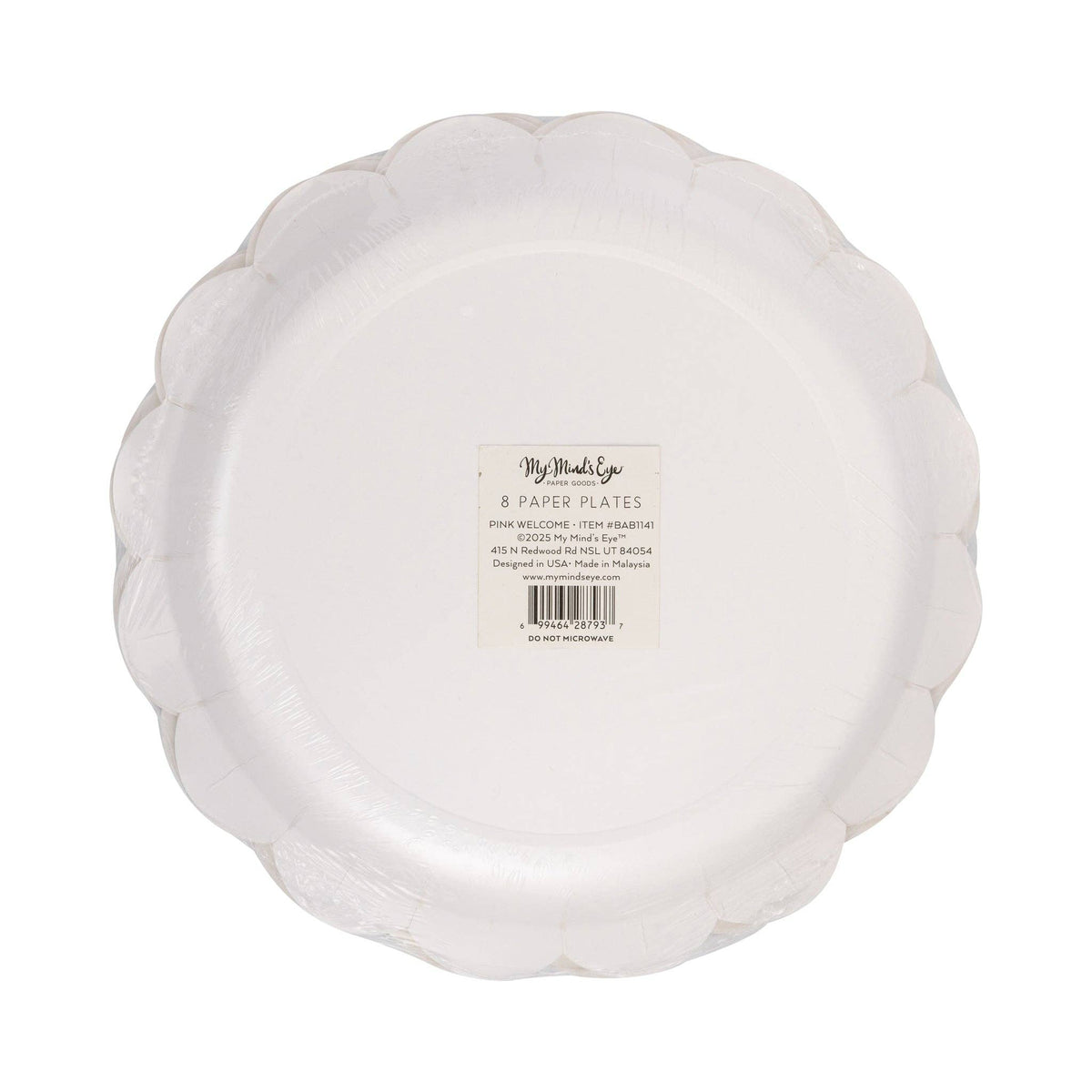 Back view of pink scalloped paper plate in packaging