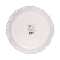 Back view of pink scalloped paper plate in packaging