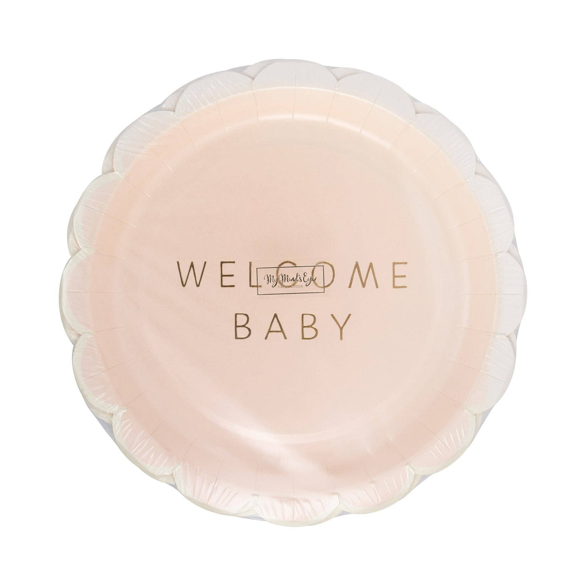 Pack of Welcome Baby pink paper plates wrapped in clear packaging
