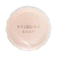 Pack of Welcome Baby pink paper plates wrapped in clear packaging
