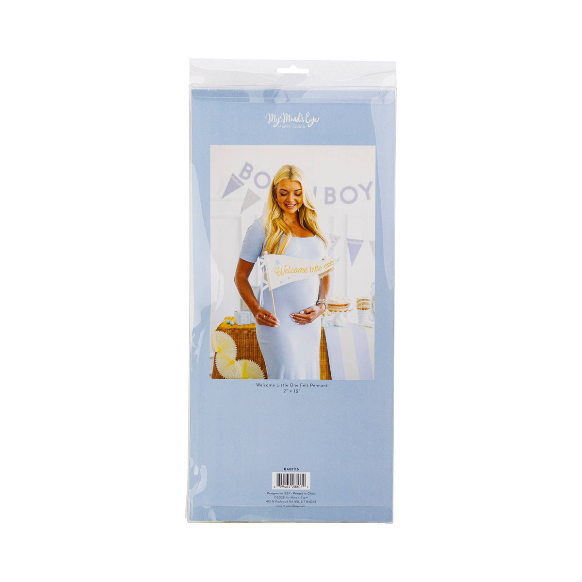Back of packaged Welcome Little One blue felt pennant with lifestyle image