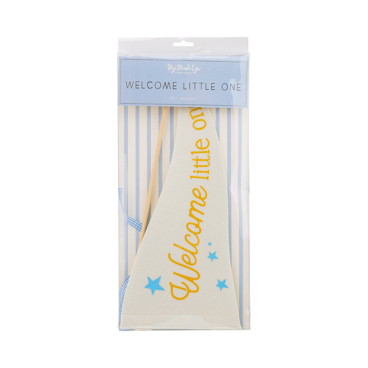 Packaged Welcome Little One blue felt pennant product front