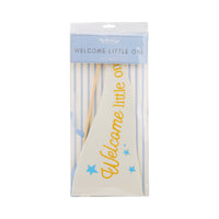 Packaged Welcome Little One blue felt pennant product front