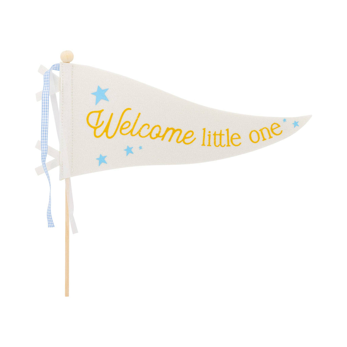 Blue felt Welcome Little One pennant with stars and wooden dowel
