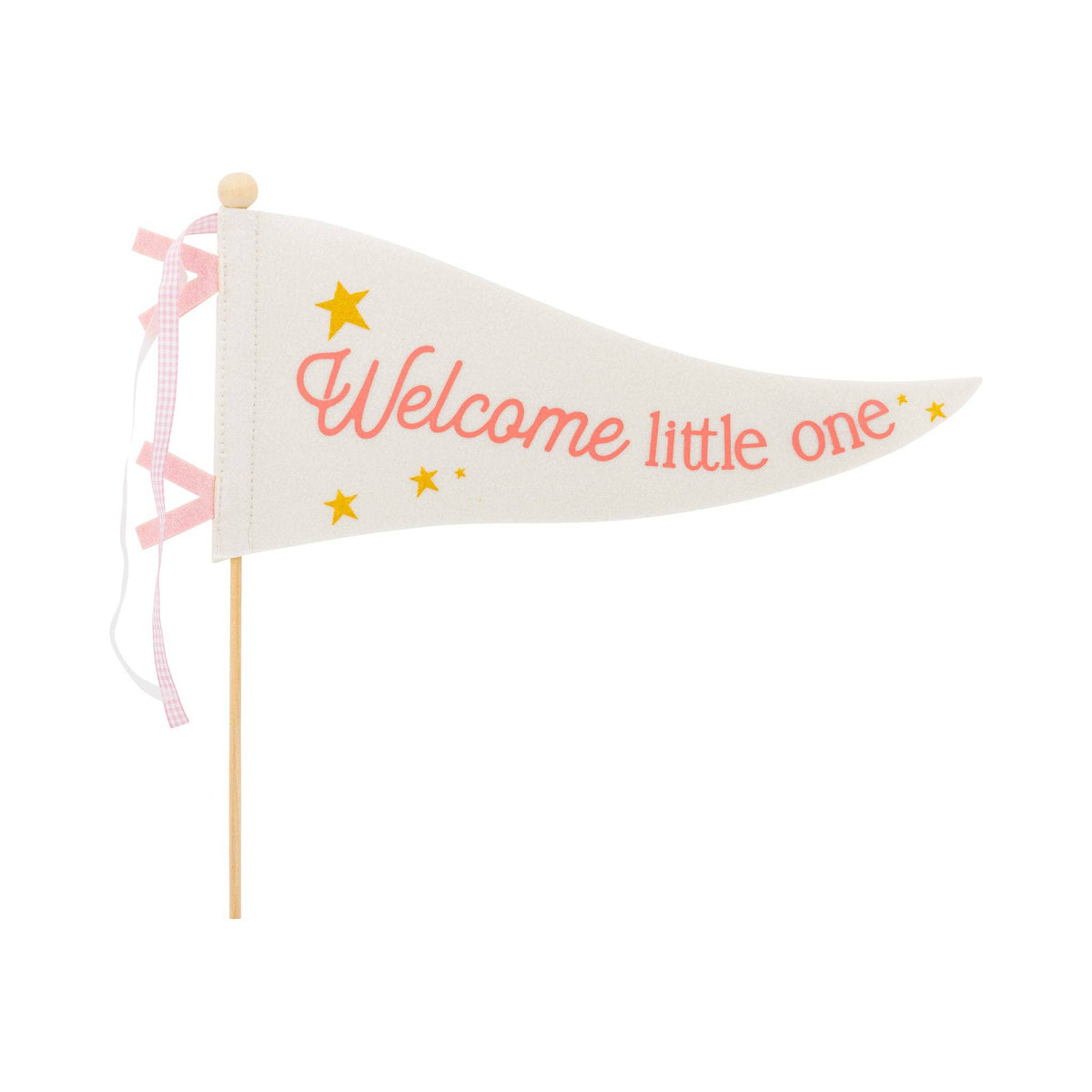 Pink felt welcome little one pennant with gold stars on white background