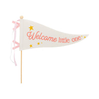 Pink felt welcome little one pennant with gold stars on white background