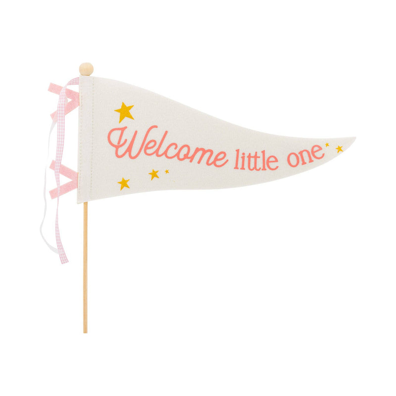 Pink felt welcome little one pennant with gold stars on white background
