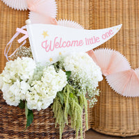 Pink welcome little one pennant displayed in floral basket decor