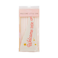 Packaged welcome little one pink pennant with ribbon and dowel