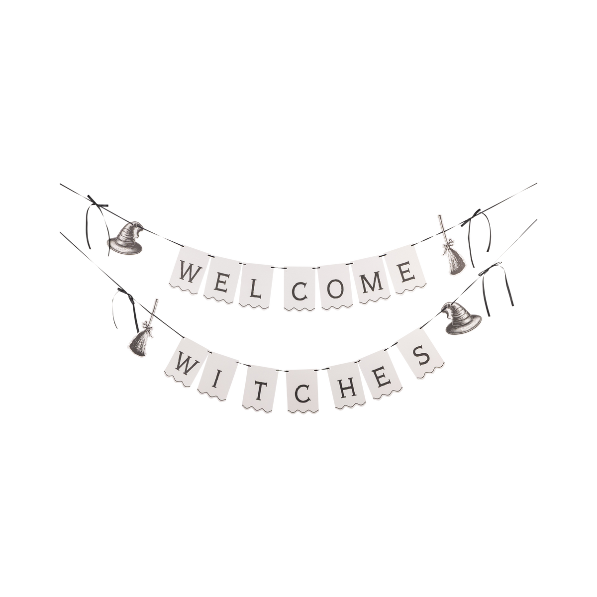 WELCOME WITCHES paper banner set laid flat, both scalloped banners with black satin bows shown full-length.