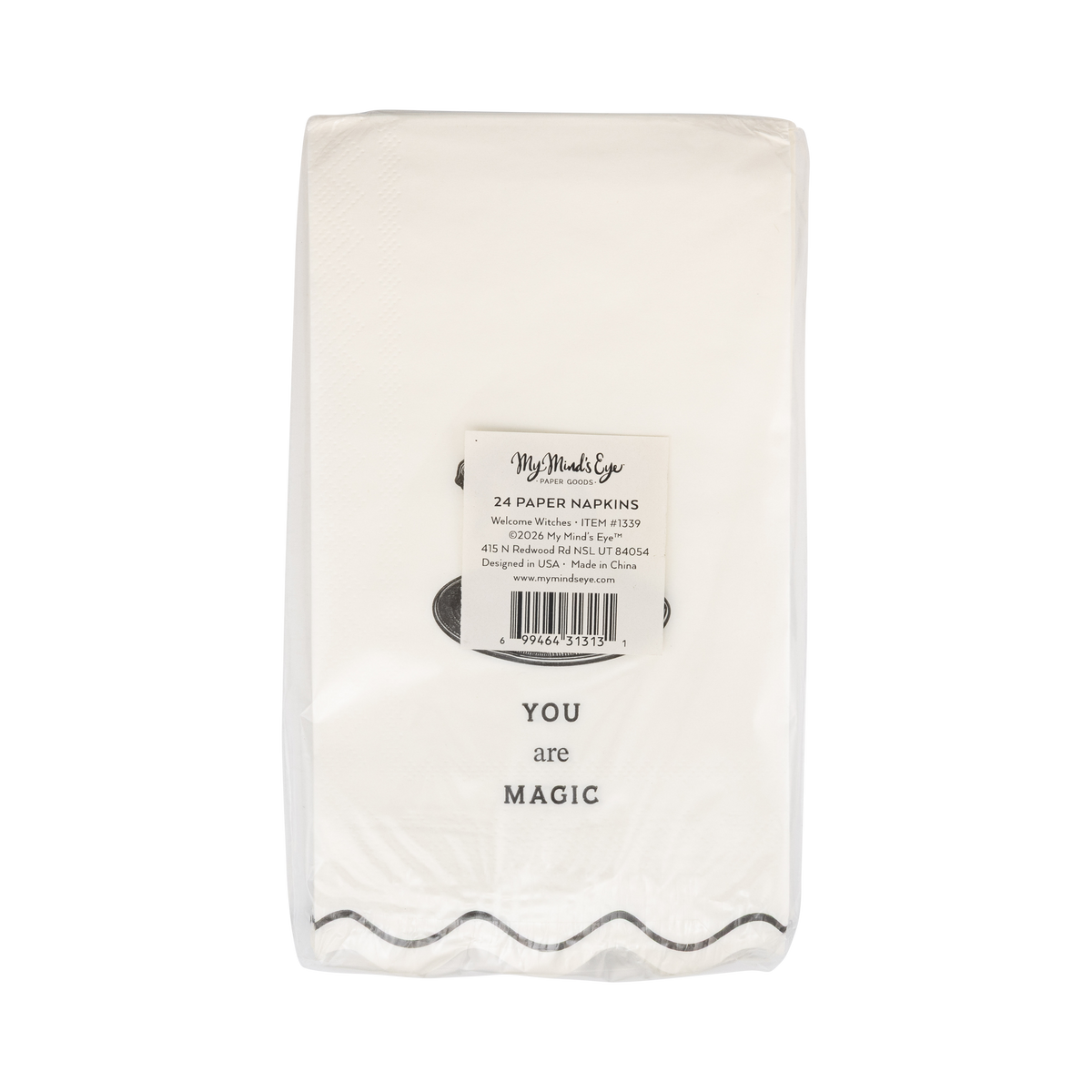 Pack of paper napkins with the brand on a clear packaging, back view.