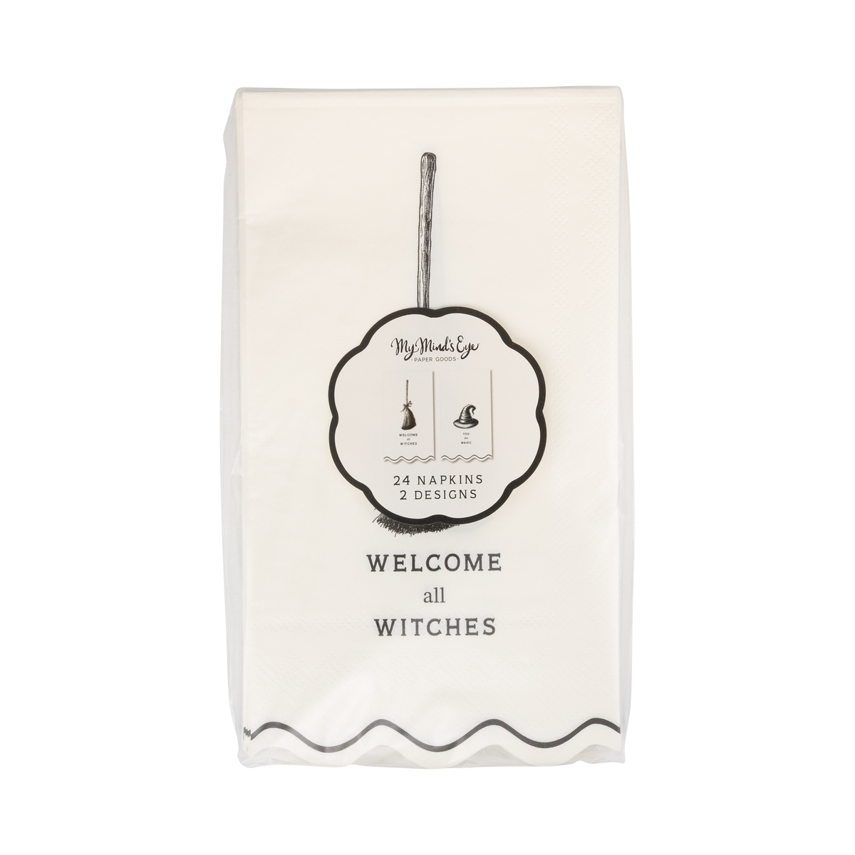 Pack of napkins with Welcome all witches text and branding on a white background, front view.