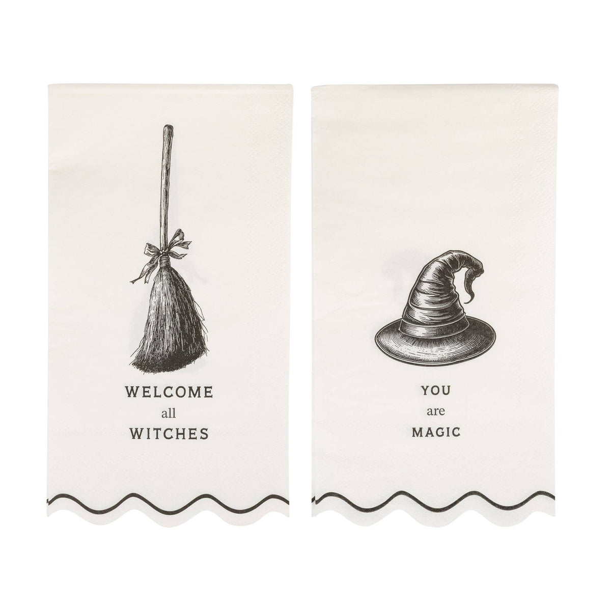 Cream dinner napkin with bold black "WELCOME ALL WITCHES" & "YOU are MAGIC" text and a wavy edge, front view.