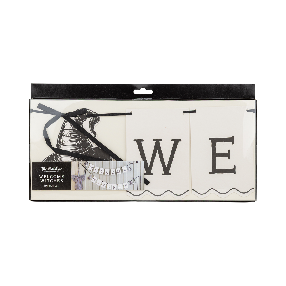 Front of the Welcome Witches banner showing the letter "W," and "E" through a clear window with the My Mind's Eye label. 