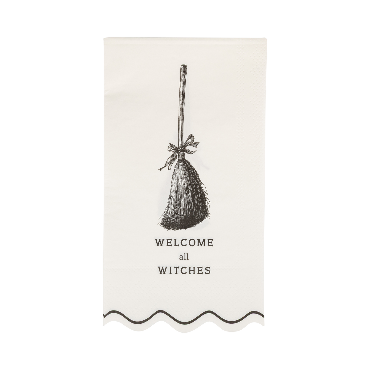 Close-up of the decorative paper napkin with broom design and text design on a clear packaging.