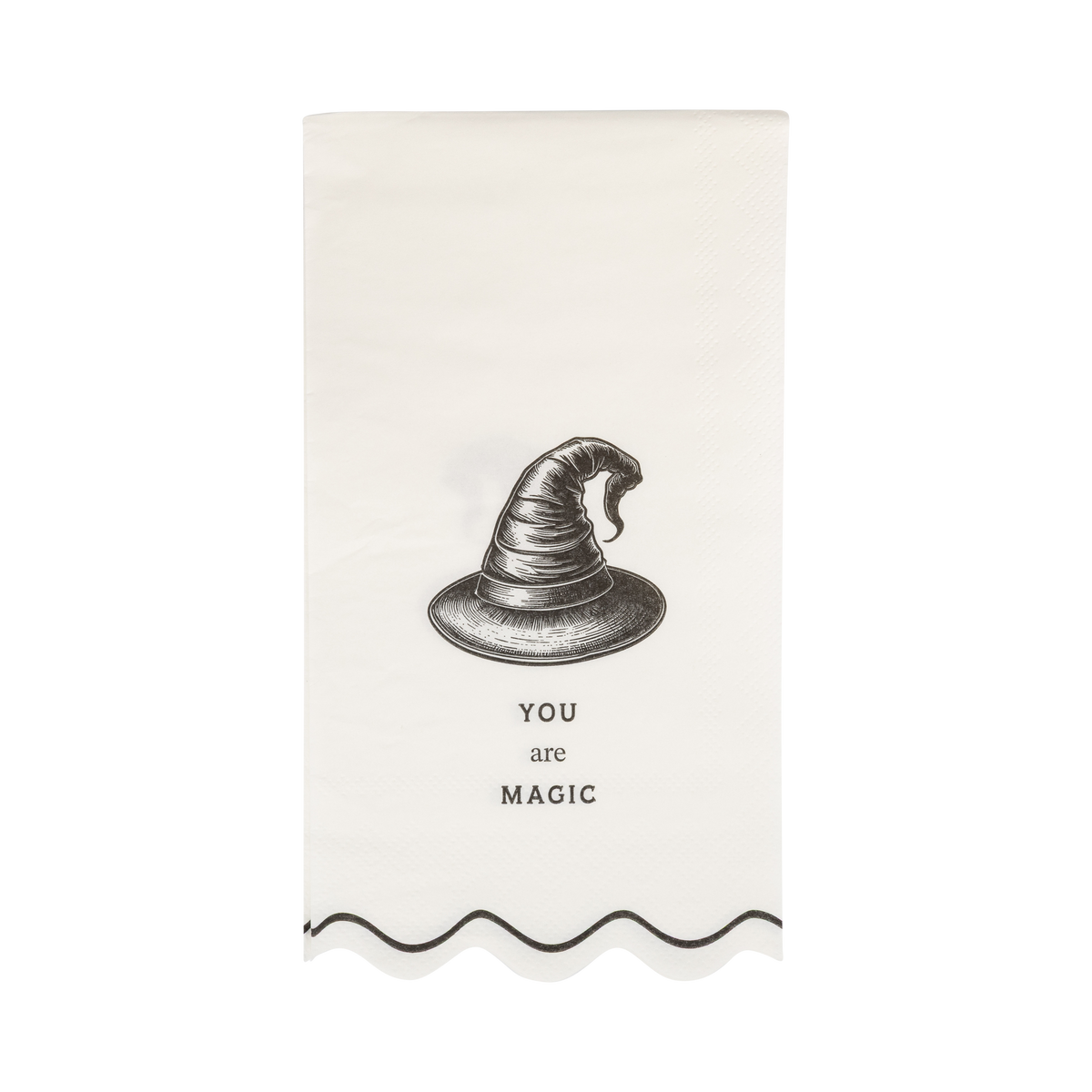 Full view of the paper napkin with a witch hat design and YOU are MAGIC text on a clear packaging.
