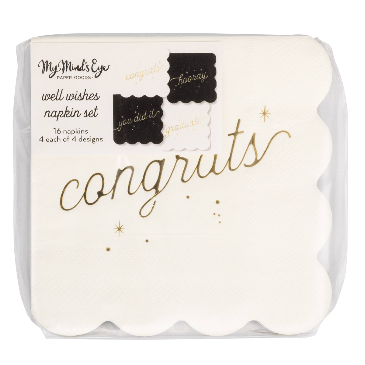 Packaged Well Wishes graduation cocktail napkins with scalloped edges and gold foil lettering