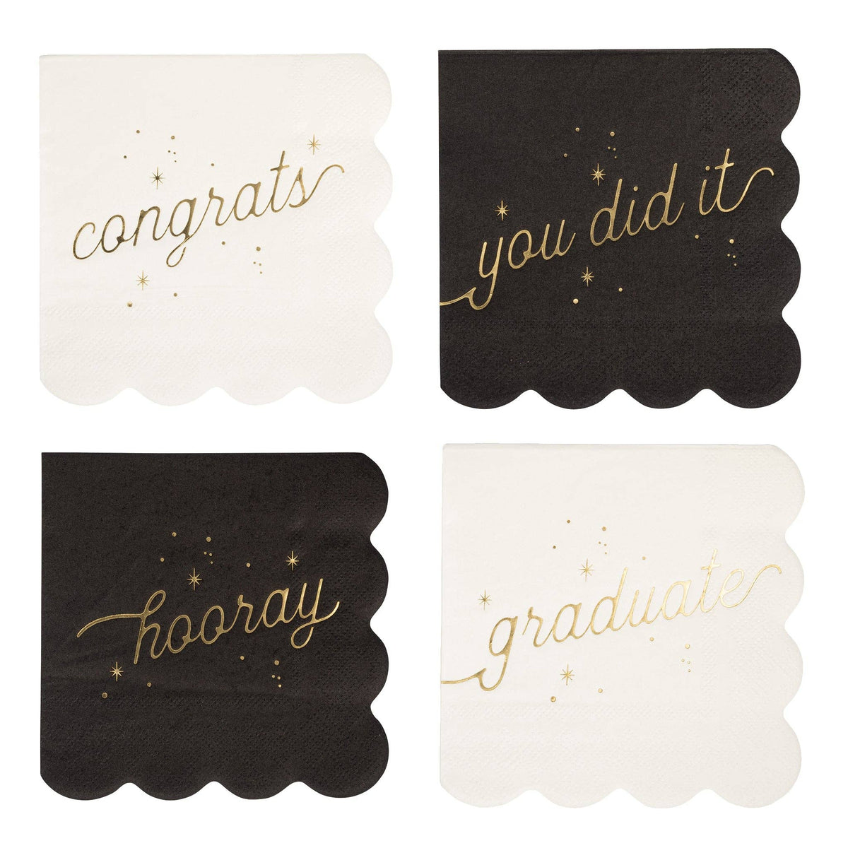 Set of four black and cream graduation napkins with gold foil messages including Congrats, Hooray, Graduate, and You Did It