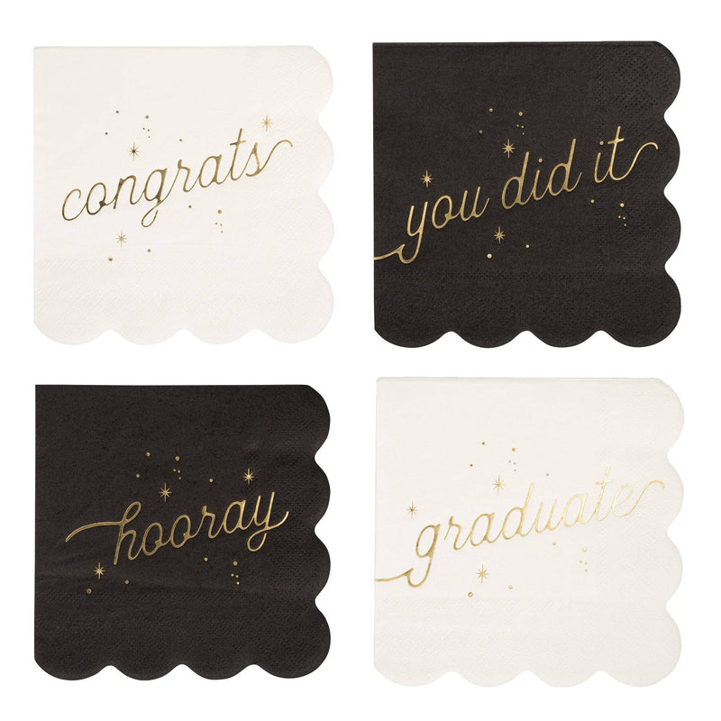 Set of four black and cream graduation napkins with gold foil messages including Congrats, Hooray, Graduate, and You Did It