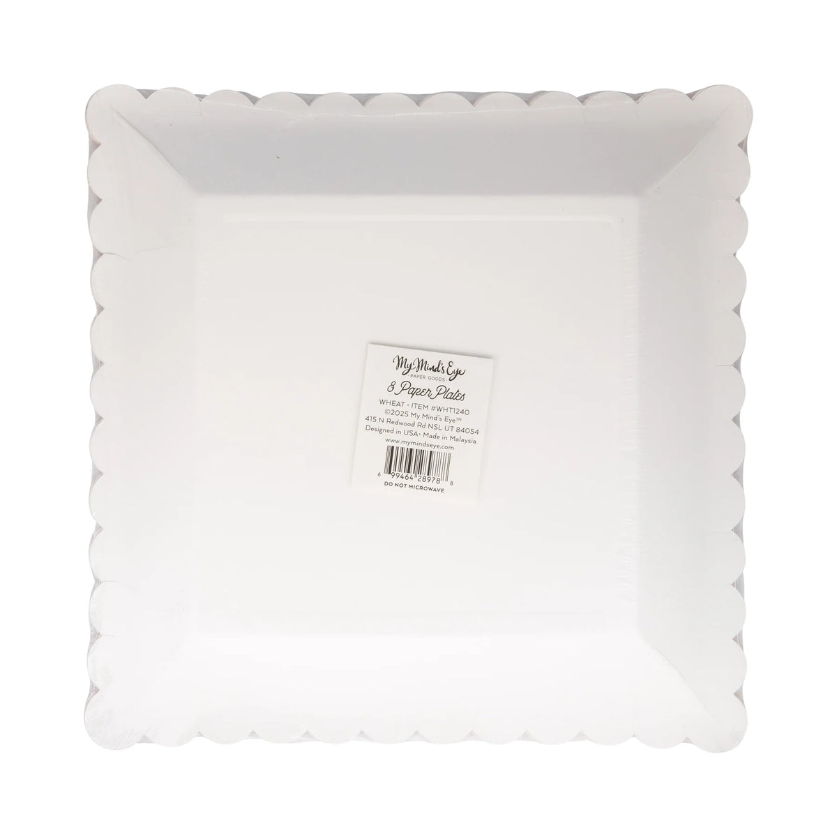 Back of package for Wheat 9-inch square paper plates with barcode label and scalloped edge.