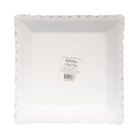 Back of package for Wheat 9-inch square paper plates with barcode label and scalloped edge.