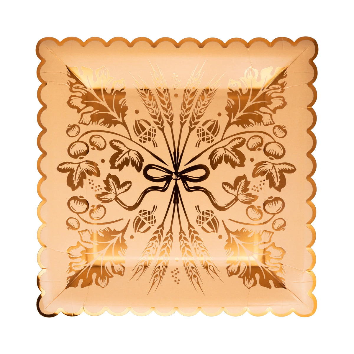 Single Wheat 9-inch square plate, rust background with copper-foil wheat bouquet, isolated on white.