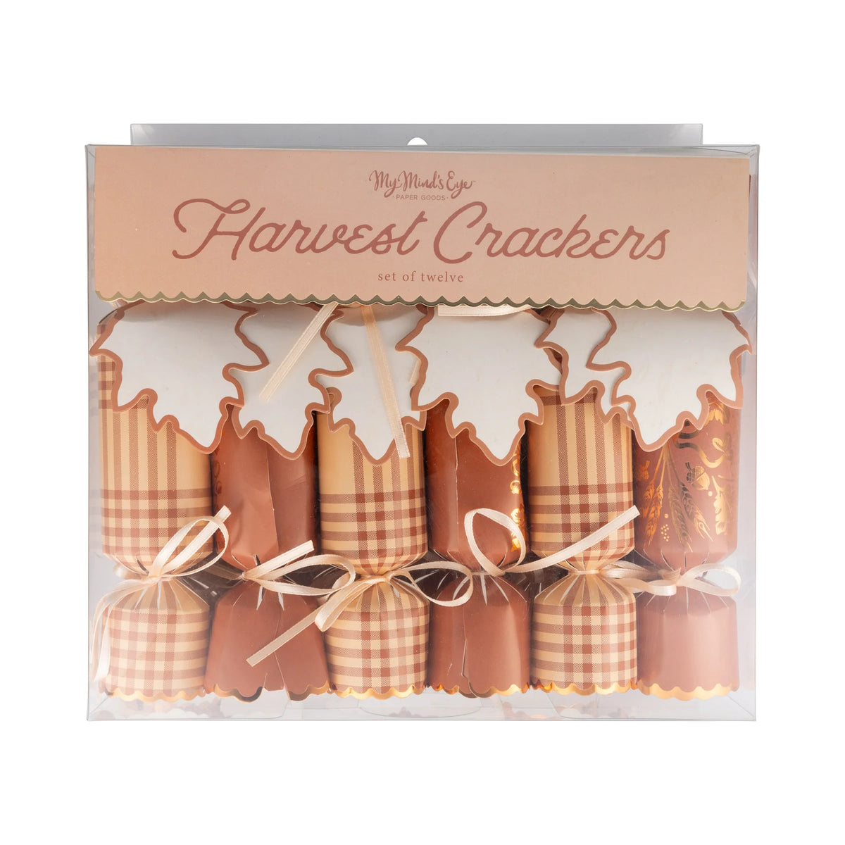 Box of 12 wheat-shaped party crackers with place-card tags visible through the front.