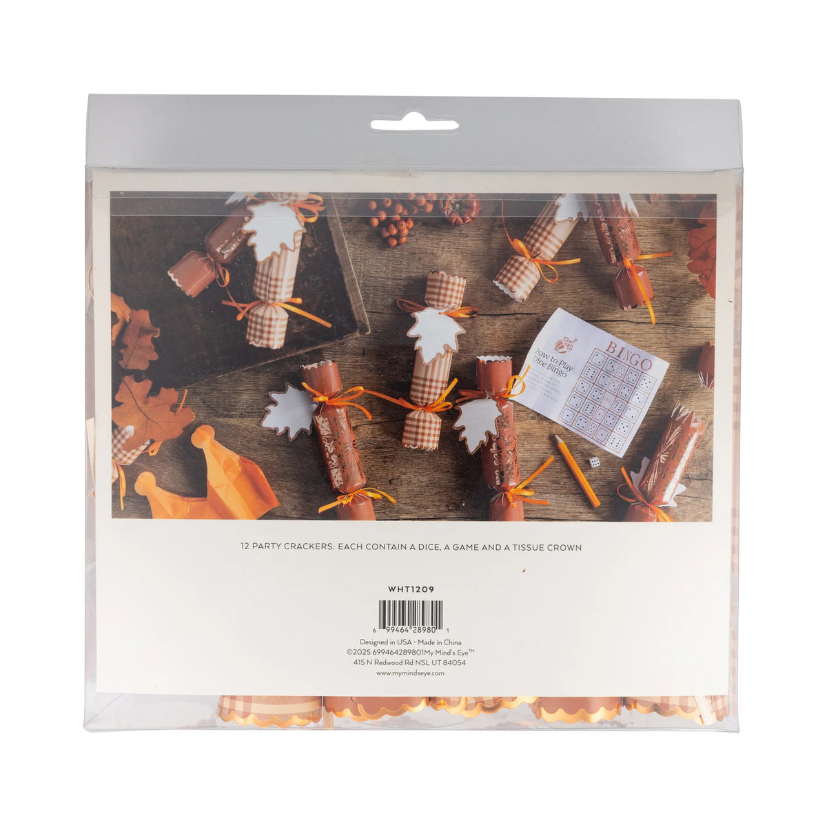 Back of package showing styled photo of crackers on a fall table.