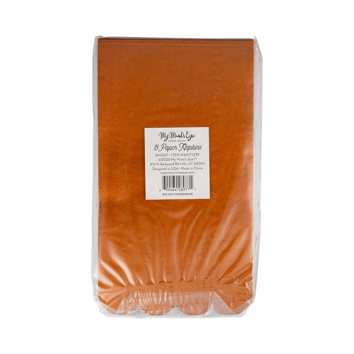 Back of package showing 18 rust-orange guest towel napkins with white label and scalloped edge.