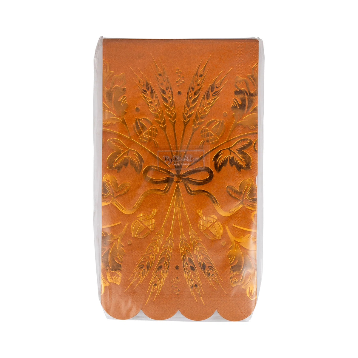 Front of pack with copper-foil wheat bouquet artwork on rust-orange guest towel napkins.
