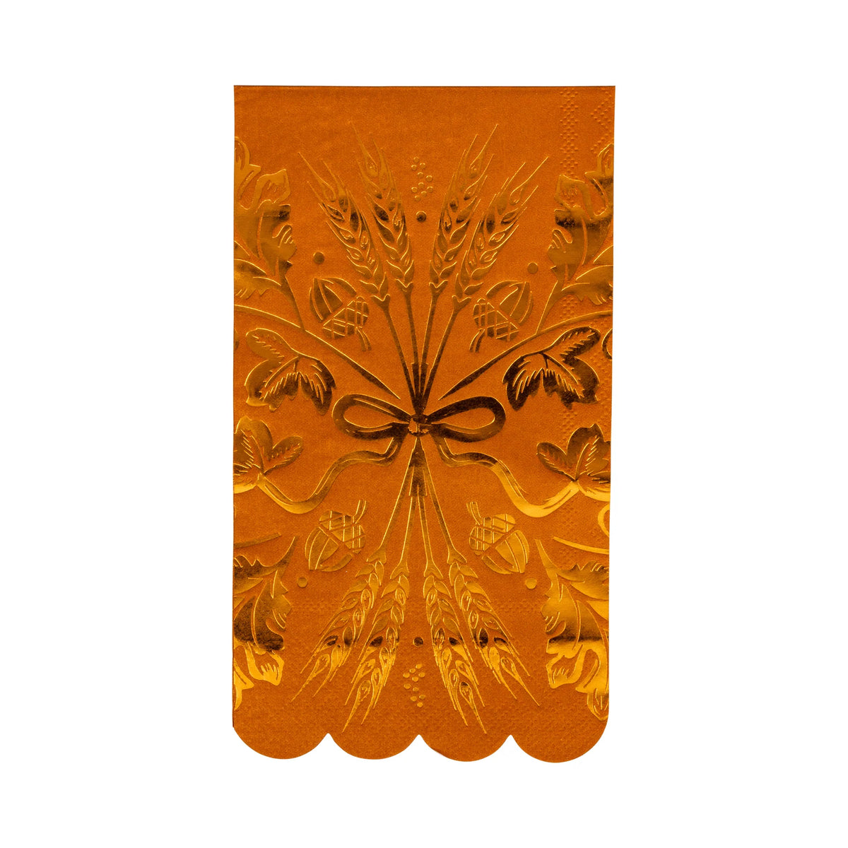Single rust-orange guest towel napkin featuring copper-foil wheat bouquet and scalloped edge.