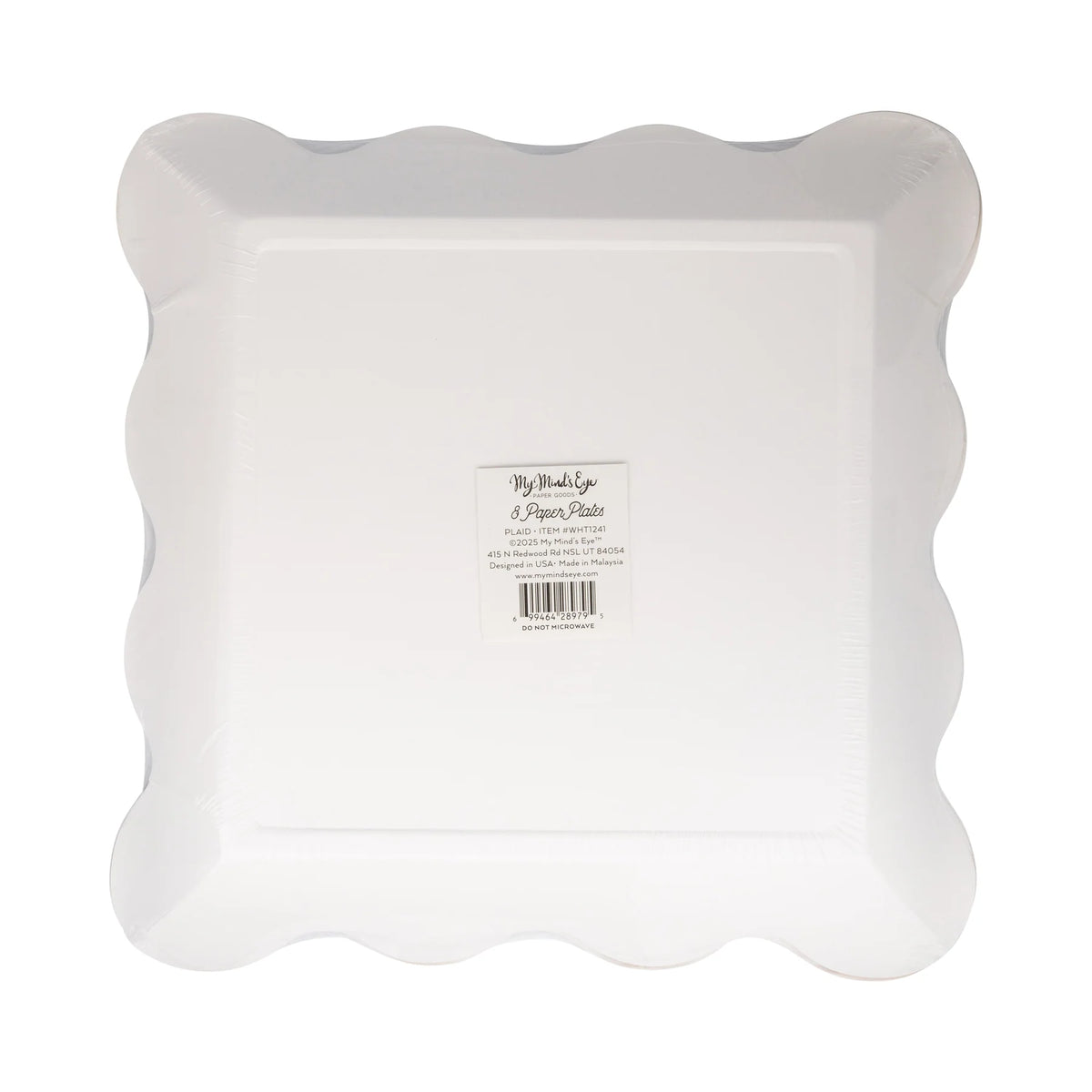 Back of package for Wheat Plaid 10-inch square paper plates with barcode label.