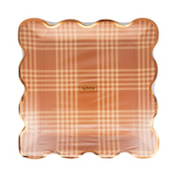 Front of pack showing rust plaid plate with copper-foil edge and scalloped sides.