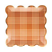 Single rust-plaid 10-inch square paper plate with copper-foil rim, isolated on white.